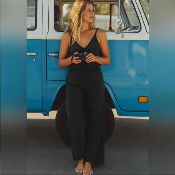 PrAna Fernie Wide Leg Jumpsuit sleeveless black gauze bohemian size‎ M NWT - Picture 2 of 15